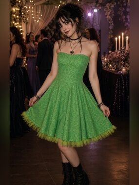 Y2K Strapless Green Mini Dress Tulle Hem Party Fairycore M Grunge Whimsigoth